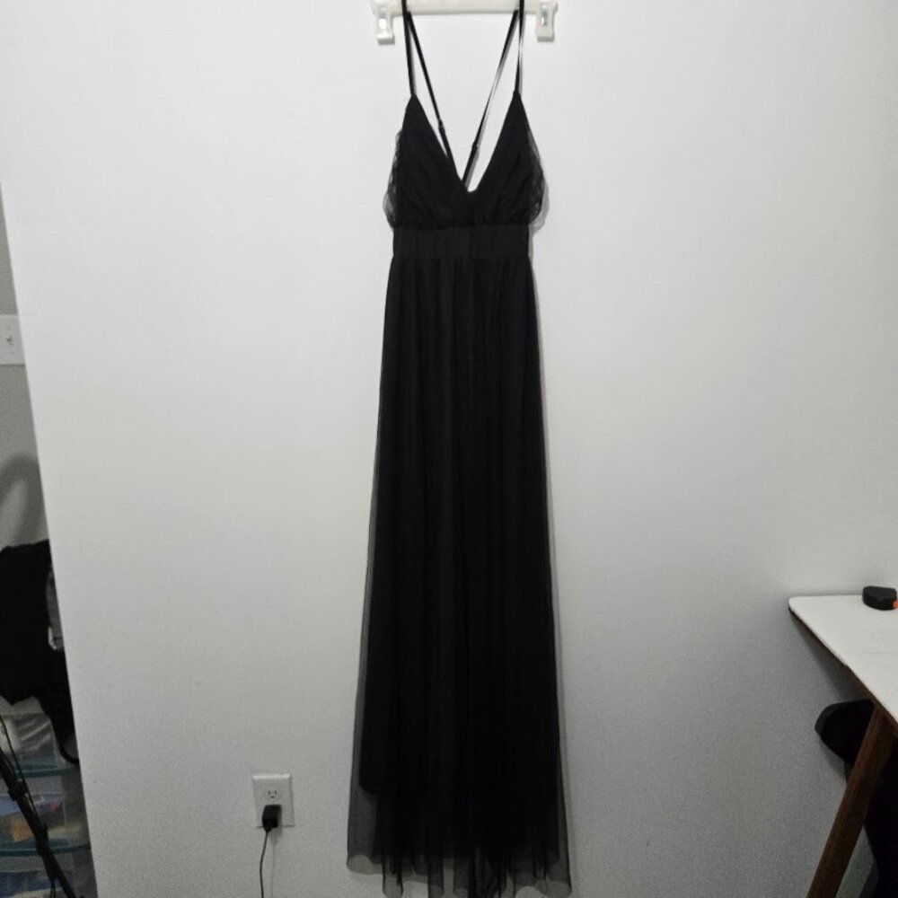Womens Black Maxi Whimsigoth Dress Sz M Slits V-Neck Tulle Event Hoco Party Goth